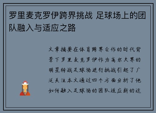 罗里麦克罗伊跨界挑战 足球场上的团队融入与适应之路